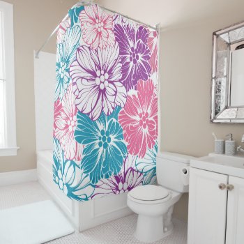 Floral Hawaiian Hibiscus Flowers Pink Teal Purple Shower Curtain by UTeezSF at Zazzle