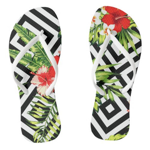 Floral Hawaiian Pattern Geometric Flip Flops