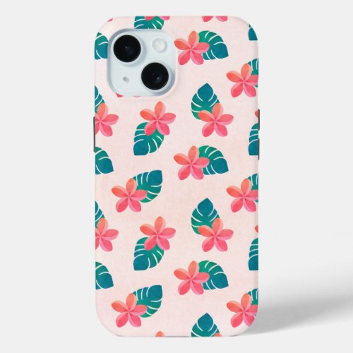 Floral Hawaiian Pattern Pink Watercolor Plumeria iPhone 15 Case