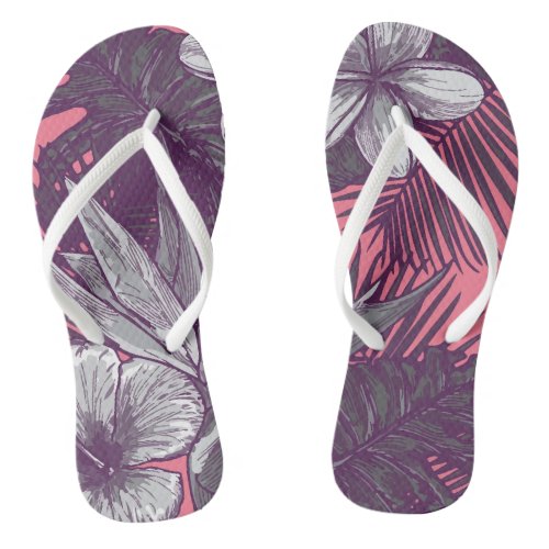 Floral Hawaiian Pattern With Dark Pink  Flip Flops