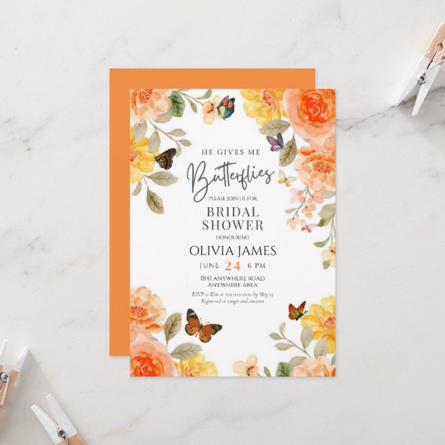 Floral he gives me butterflies bridal shower  invitation (Front/Back In Situ)