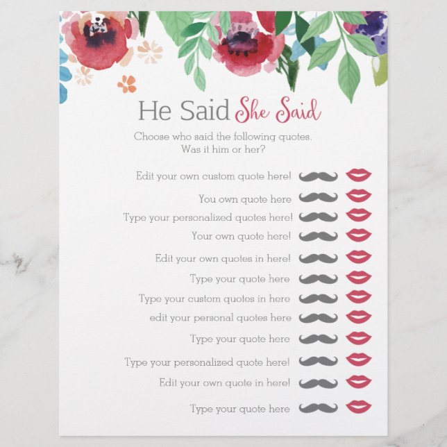 Floral he said she said bridal shower game (Front)