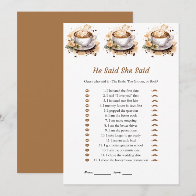 Floral He Said She Said Bridal Shower Game Cards   (Front/Back)