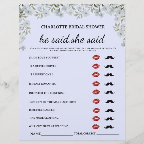Floral He said She said Bridal Shower Game Flyer