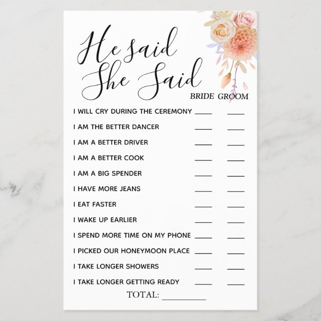 Floral He said She Said shower game card Flyer (Front)