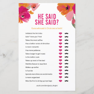 Floral He Said She Said Wedding Shower Game Card