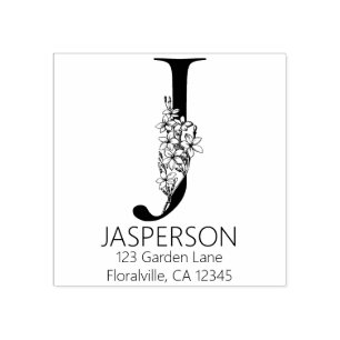 Floral Head Letter - J - Return Address Monogram Rubber Stamp