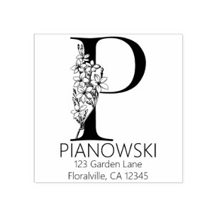 Floral Head Letter - P - Return Address Monogram Rubber Stamp