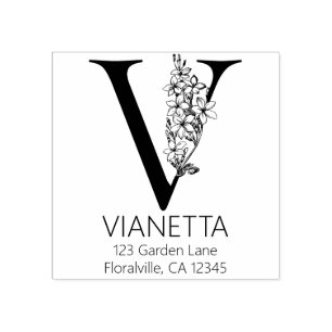Floral Head Letter - V - Return Address Monogram Rubber Stamp