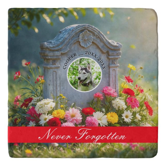 Floral Headstone Pet Tribute Photo Dog Memorial Trivet (Front)