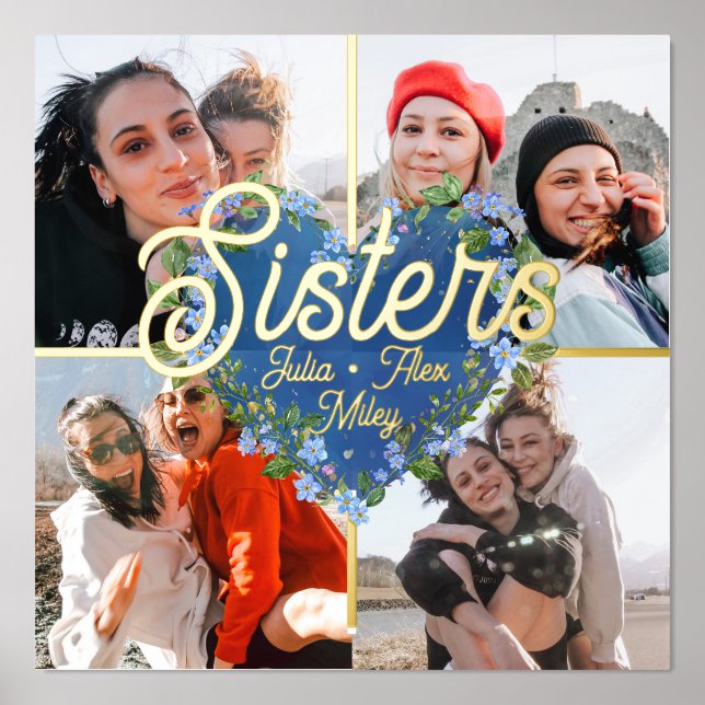 Floral Heart 4 Photo Collage Sisters BFF Keepsake Foil Prints (Front)