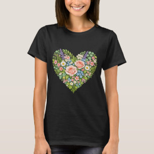 Floral Heart Bouquet Pink Roses Wildflowers T-Shirt
