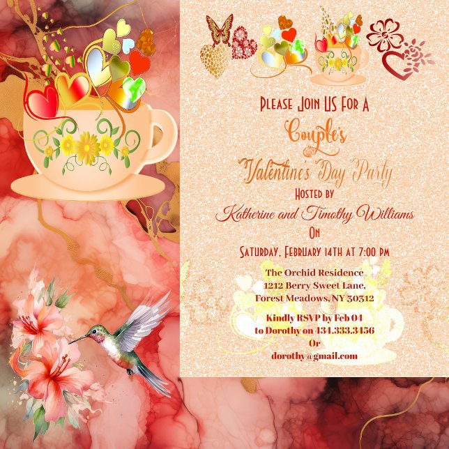 Floral Heart Butterfly Teacup Valentine Day Couple Invitation (Floral Heart Butterfly Teacup Valentine Day Couple Invitation)