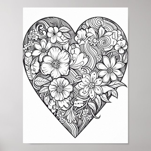 Floral Heart Coloring Poster (Front)
