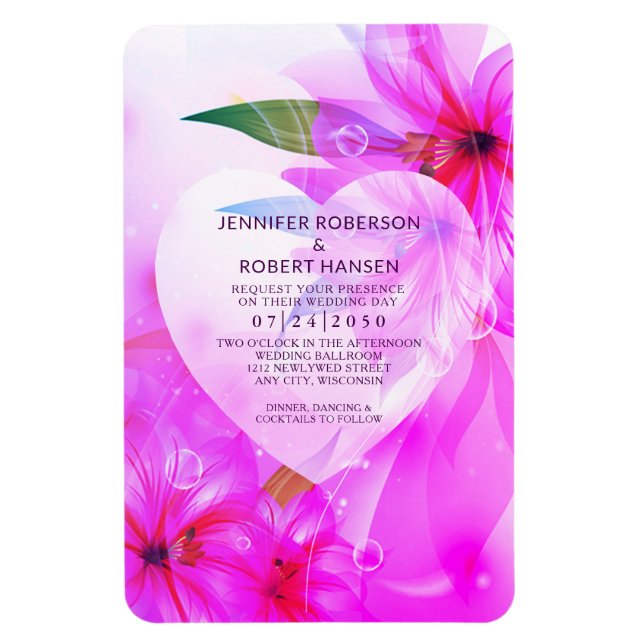 Floral Heart Dewdrops Purple Hibiscus Flowers Wed Magnet (Vertical)