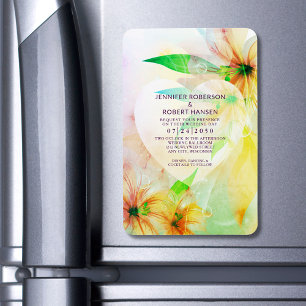 Floral Heart Dewdrops Yellow Hibiscus Wed Invite Magnet