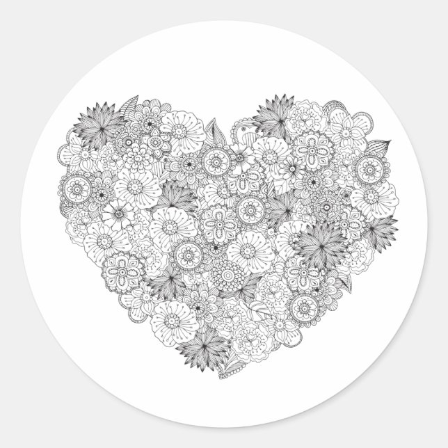 Floral Heart Doodle Classic Round Sticker (Front)