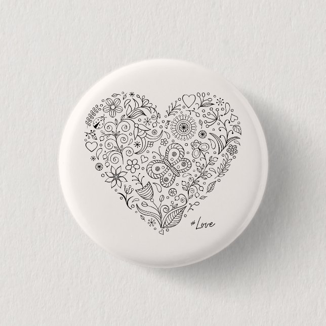 Floral Heart Doodle Romantic Botanical Line Art Button (Front)