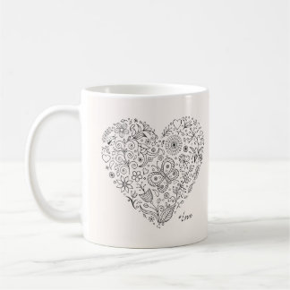 Floral Heart Doodle Romantic Botanical Line Art Coffee Mug