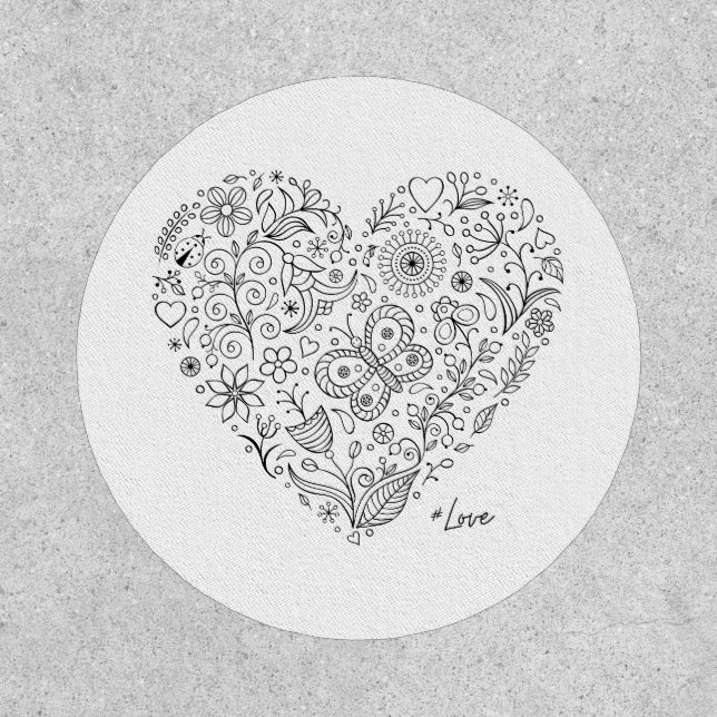 Floral Heart Doodle Romantic Botanical Line Art Patch (Front)
