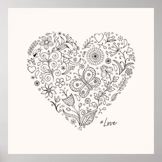 Floral Heart Doodle Romantic Botanical Line Art Poster