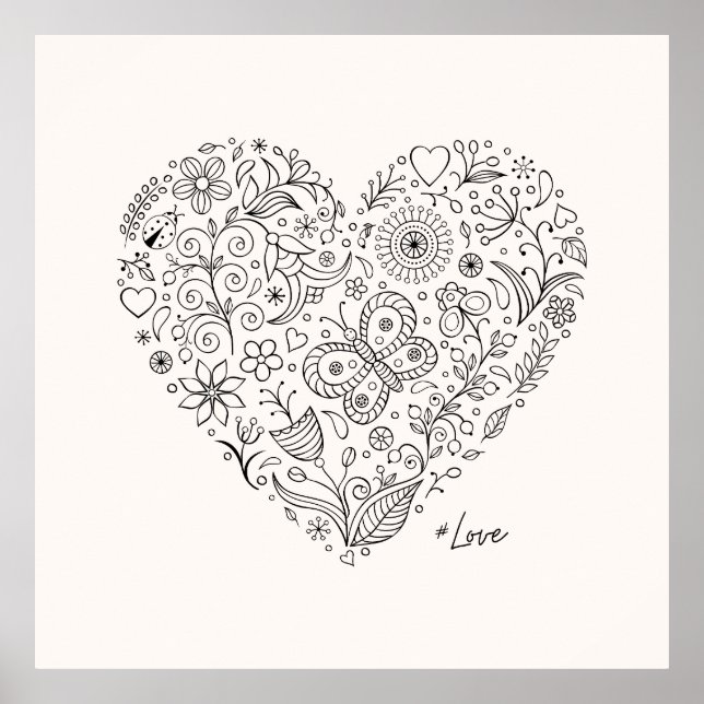 Floral Heart Doodle Romantic Botanical Line Art Poster (Front)