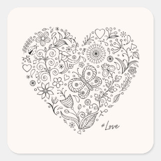 Floral Heart Doodle Romantic Botanical Line Art Square Sticker