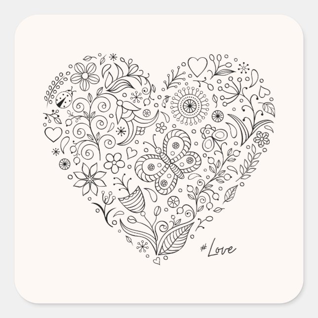 Floral Heart Doodle Romantic Botanical Line Art Square Sticker (Front)
