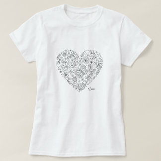 Floral Heart Doodle Romantic Botanical Line Art T-Shirt