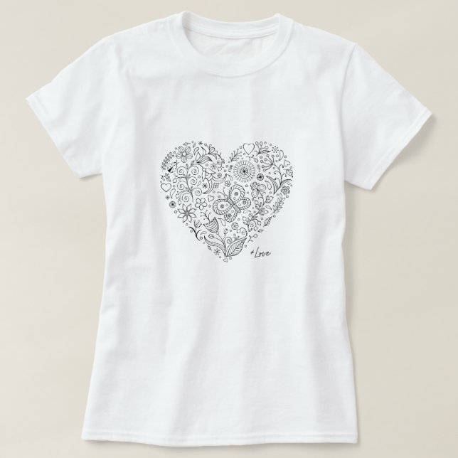 Floral Heart Doodle Romantic Botanical Line Art T-Shirt (Design Front)