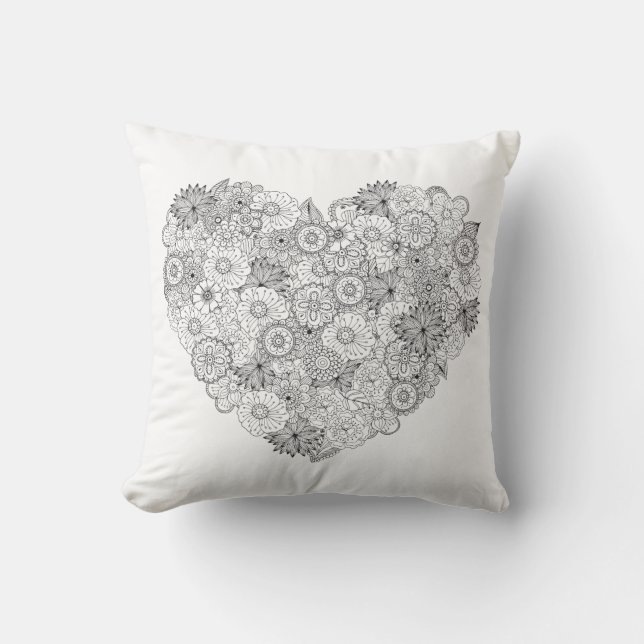 Floral Heart Doodle Throw Pillow (Front)