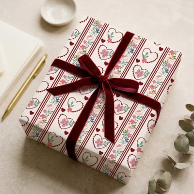 Floral Heart Elegant Vintage Girly Valentine’s Day Wrapping Paper