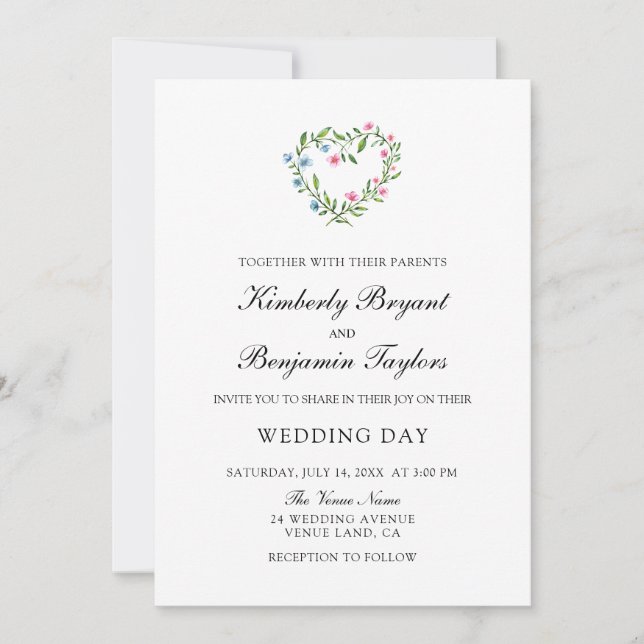 Floral Heart Flower Wreath. Botanic Wedding Invita Invitation (Front)