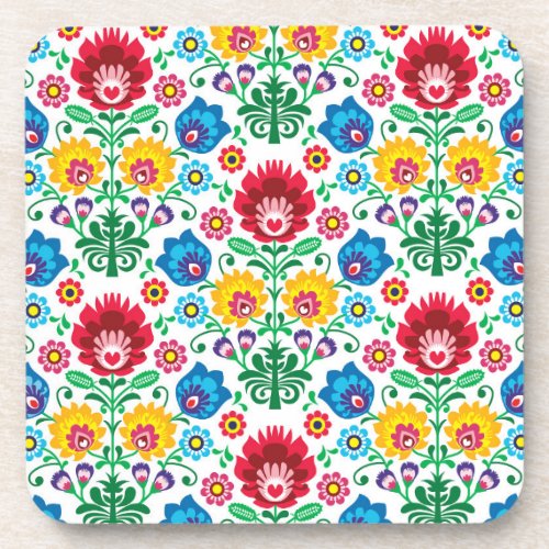 Floral Heart Folk Art Pattern Beverage Coaster