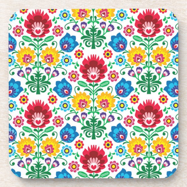 Floral Heart Folk Art Pattern Beverage Coaster (Front)