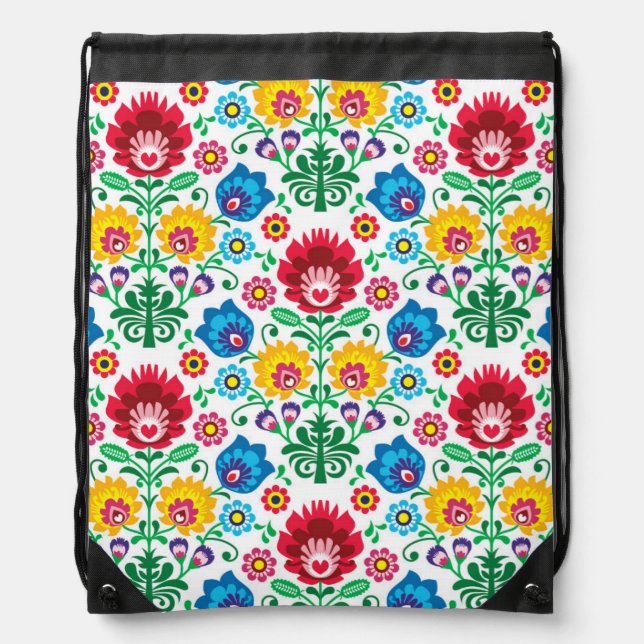 Floral Heart Folk Art Pattern Drawstring Bag (Front)