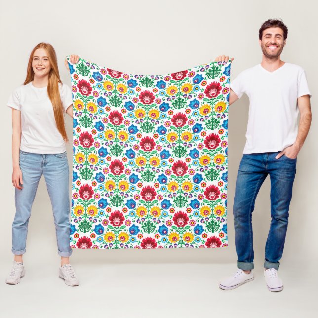 Floral Heart Folk Art Pattern Fleece Blanket (In Situ)