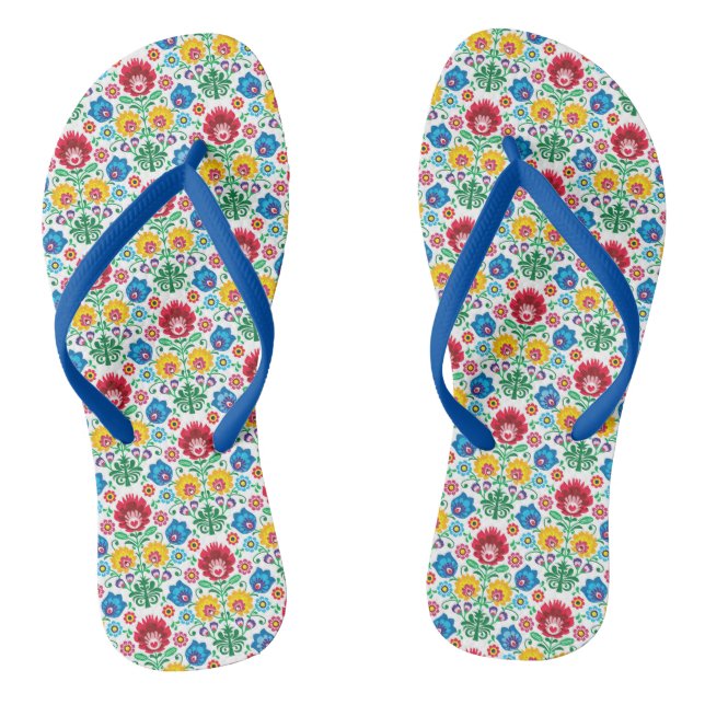 Floral Heart Folk Art Pattern Flip Flops (Footbed)