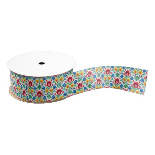 Floral Heart Folk Art Pattern Grosgrain Ribbon