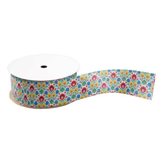 Floral Heart Folk Art Pattern Grosgrain Ribbon (Spool)