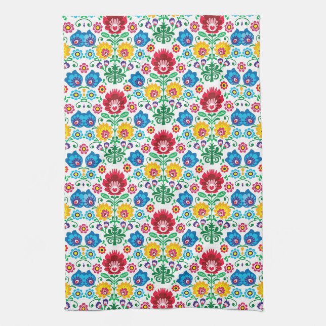 Floral Heart Folk Art Pattern Kitchen Towel (Vertical)