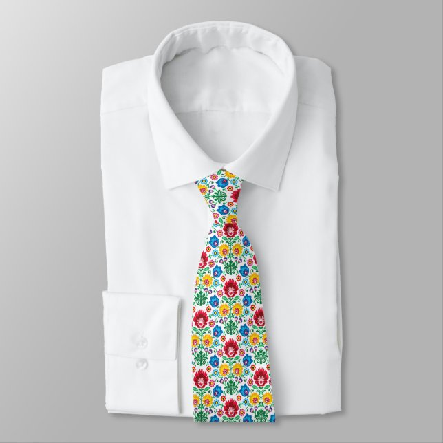 Floral Heart Folk Art Pattern Neck Tie (Tied)