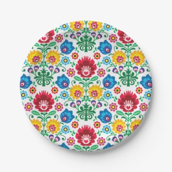 Floral Heart Folk Art Pattern Paper Plates by trendzilla at Zazzle