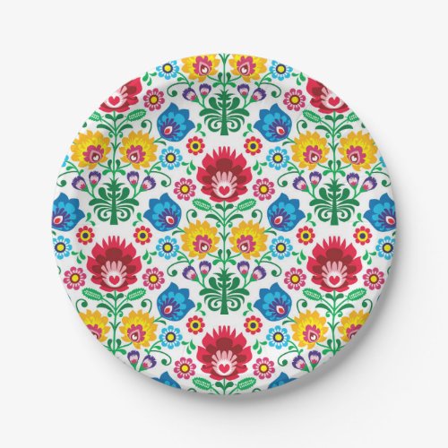 Floral Heart Folk Art Pattern Paper Plates