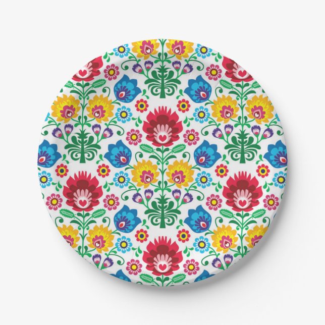 Floral Heart Folk Art Pattern Paper Plates (Front)