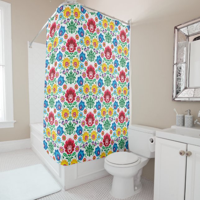 Floral Heart Folk Art Pattern Shower Curtain (In Situ)