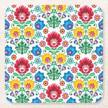 Floral Heart Folk Art Pattern Square Paper Coaster by trendzilla at Zazzle
