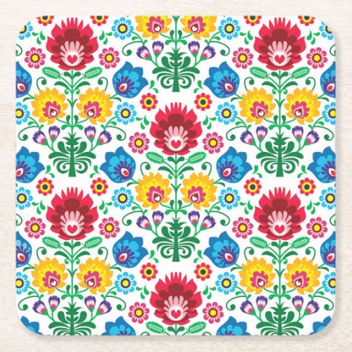 Floral Heart Folk Art Pattern Square Paper Coaster