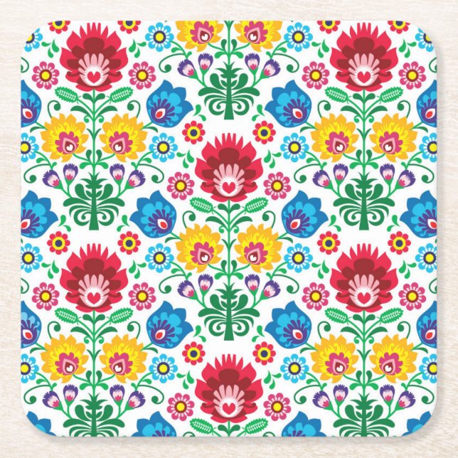 Floral Heart Folk Art Pattern Square Paper Coaster (Front)
