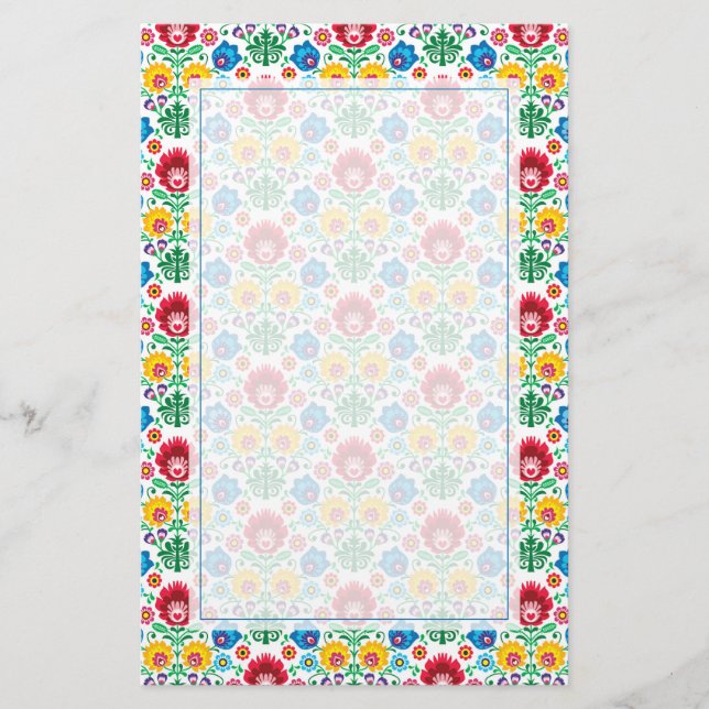 Floral Heart Folk Art Pattern Stationery (Front)